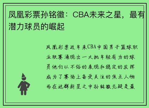 凤凰彩票孙铭徽：CBA未来之星，最有潜力球员的崛起